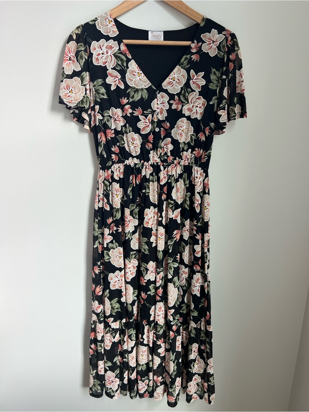 Siren Lily | Petites Black Midi Dress Pink Floral Print Business Causal Size SP